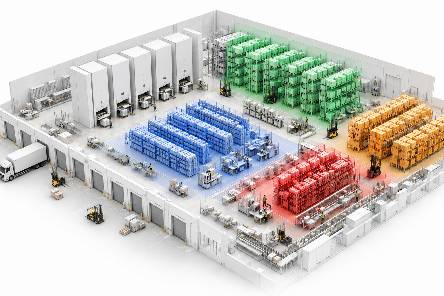 Isometric warehouse with analysed zones — recoverable space, bottlenecks and slow-moving stock highlighted
